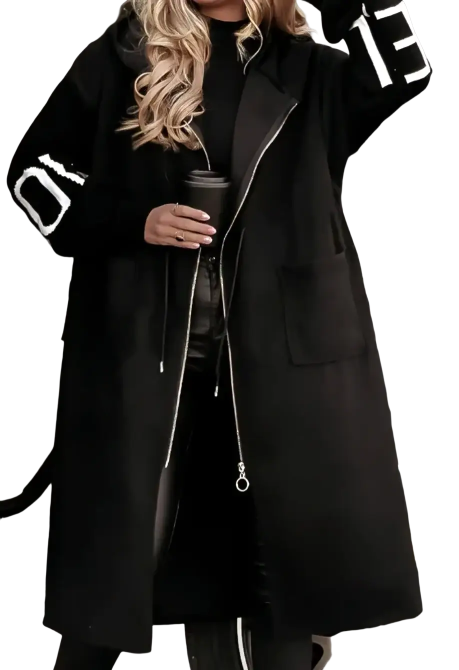 Black oversized hooded trench coat with white numeric embroidery sleeves and silver zipper detail for women