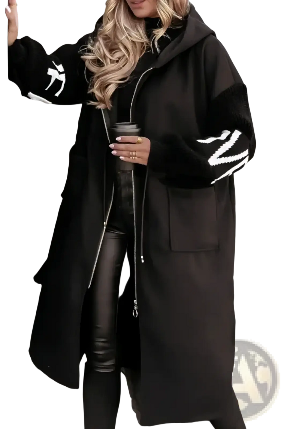 Black hooded trench coat with plush textured sleeves and bold white geometric embroidery for women