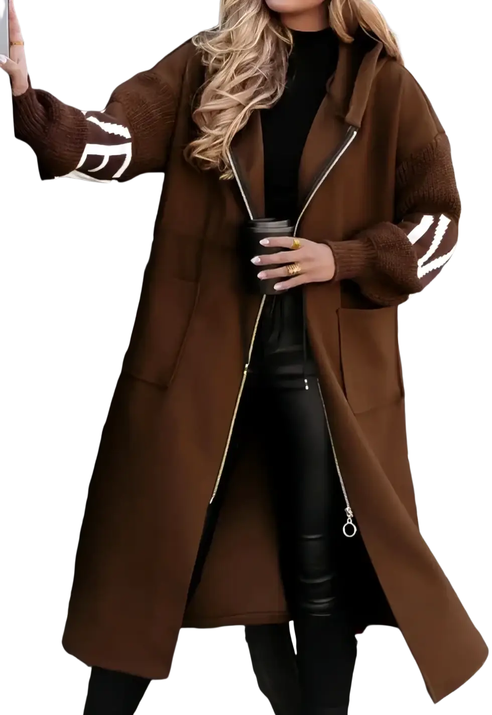 Brown woolen hooded trench coat with front zipper closure and white geometric patterned ribbed cuffs for women