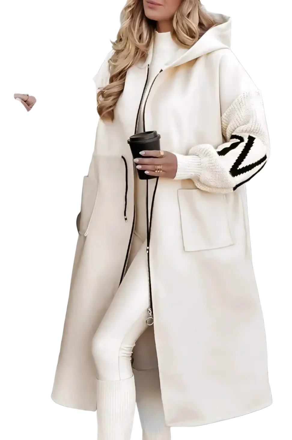 Cream longline hooded trench coat with black knit sleeve panels and front zipper closure for women