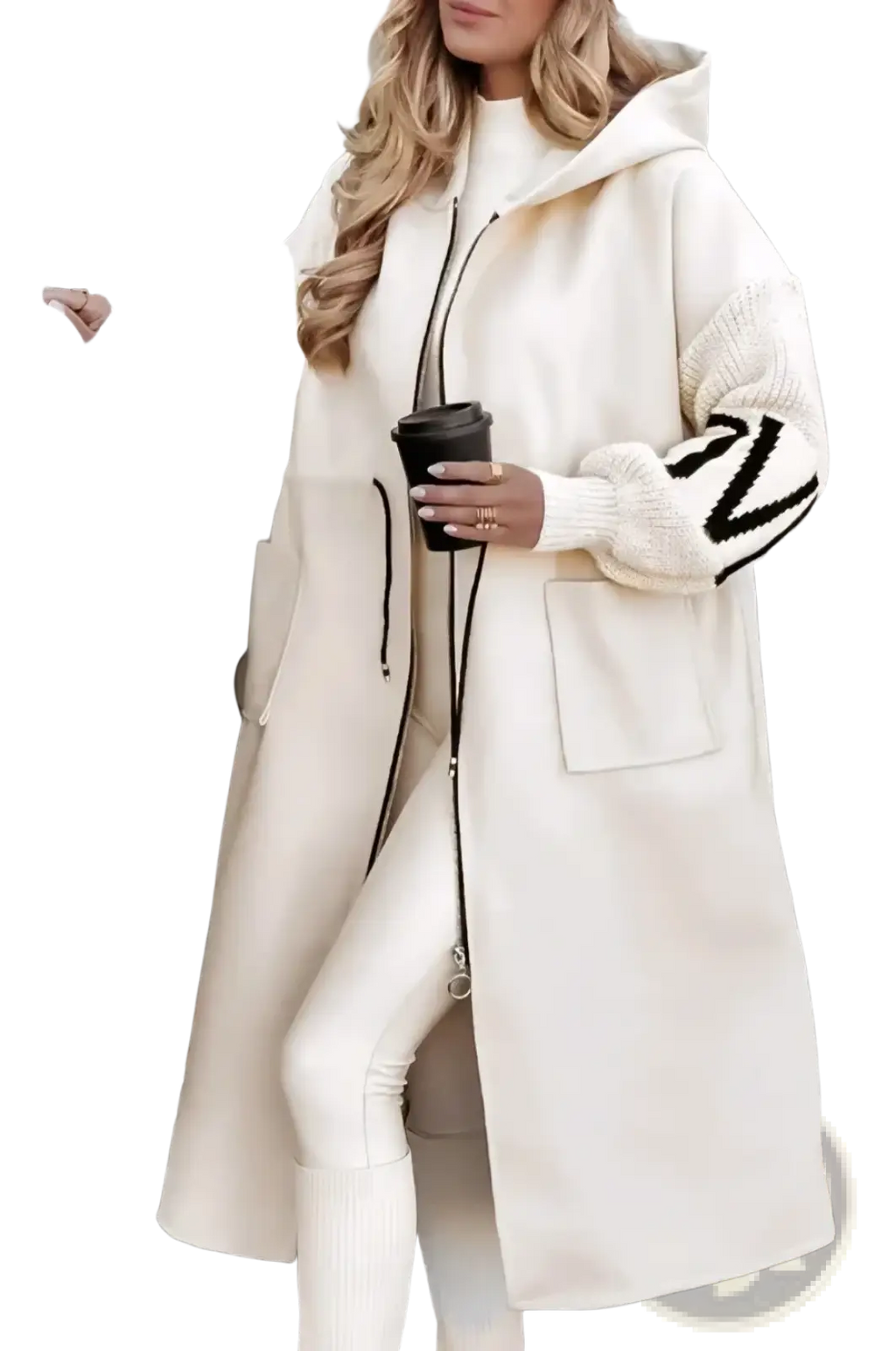Cream longline hooded trench coat with black knit sleeve panels and front zipper closure for women