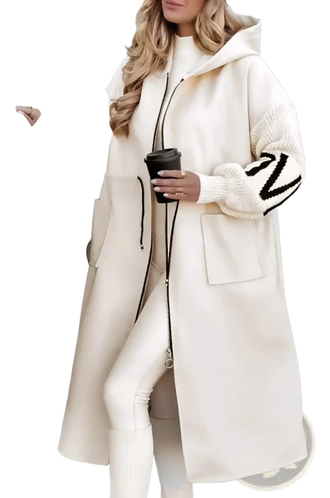 Cream longline hooded trench coat with black knit sleeve panels and front zipper closure for women