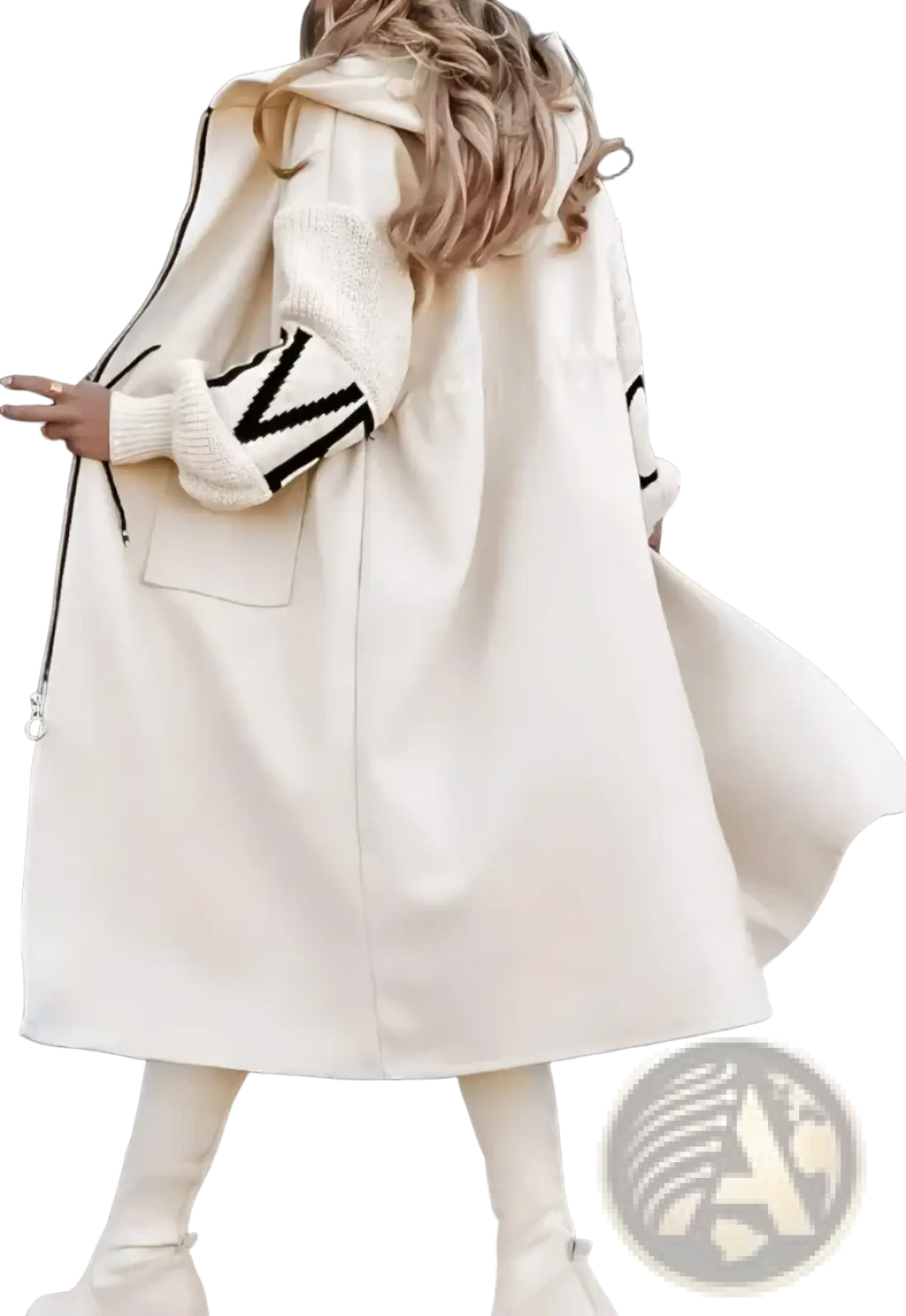 Cream longline hooded trench coat with black zipper accents and textured knit sleeves for women