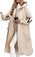Beige hooded trench coat with knit sleeves featuring black geometric patterns and a front zipper closure for women