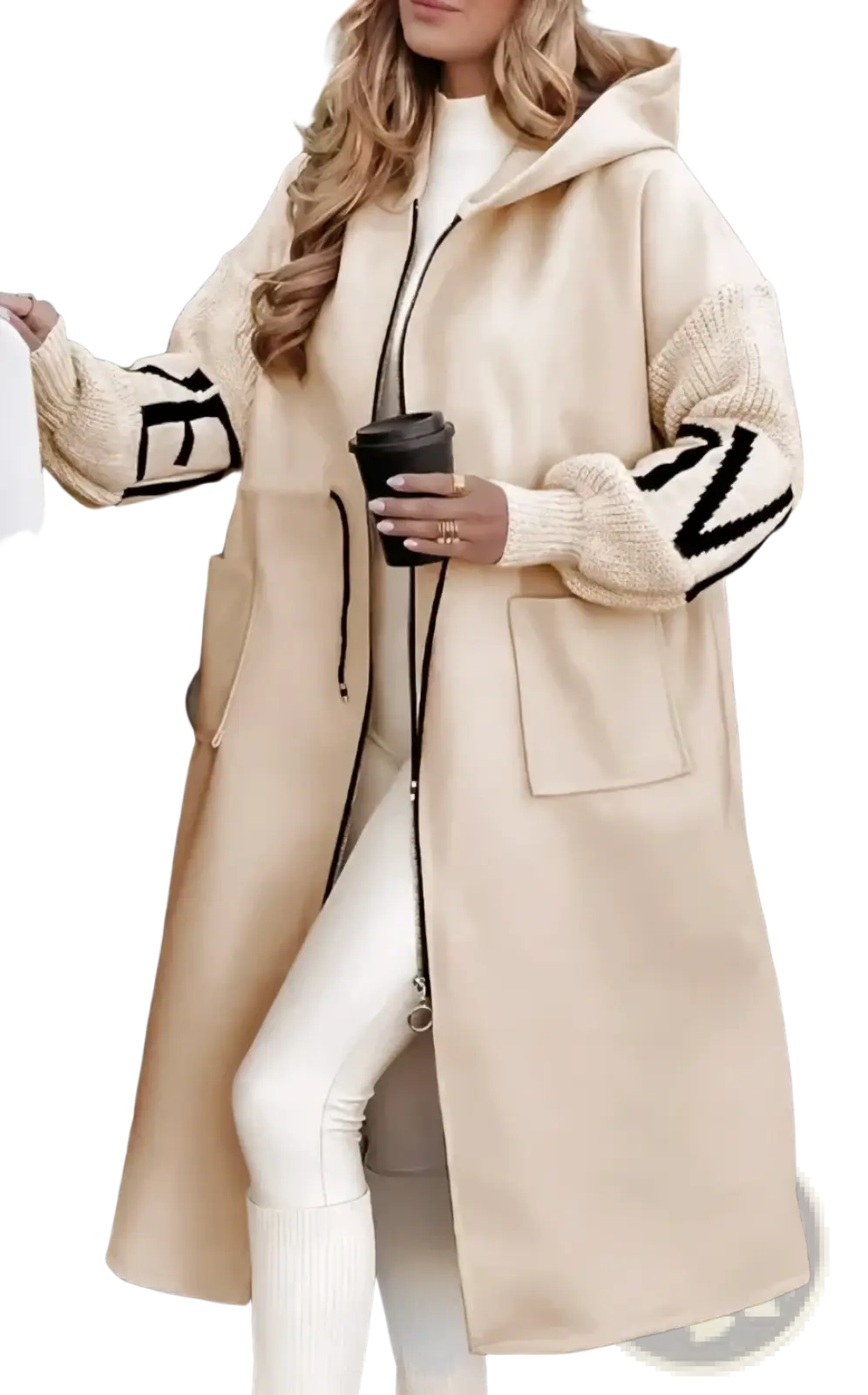 Beige hooded trench coat with knit sleeves featuring black geometric patterns and a front zipper closure for women