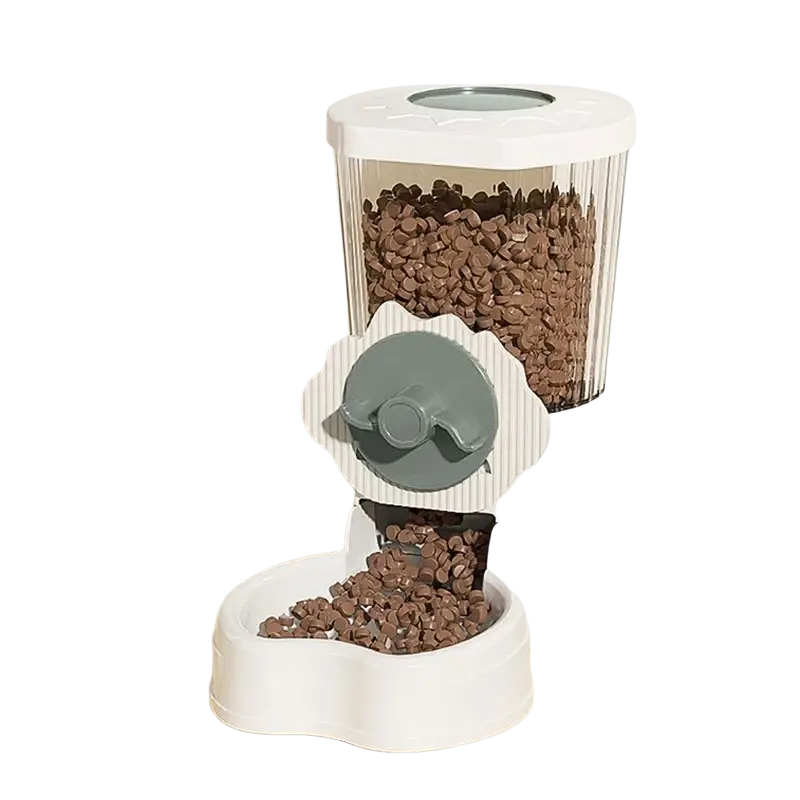 Hoopet wall mounted automatic pet feeder and water dispenser in white and gray with transparent kibble container and heart base