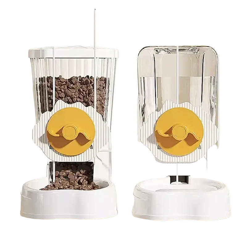 Hoopet wall mounted automatic pet feeder with transparent white and yellow dispenser and circular yellow lever