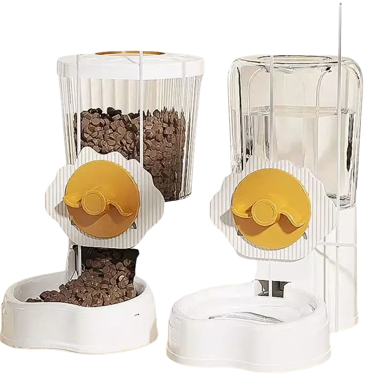 Hoopet wall mounted automatic pet feeder with white and yellow transparent container and golden-yellow dispensing button