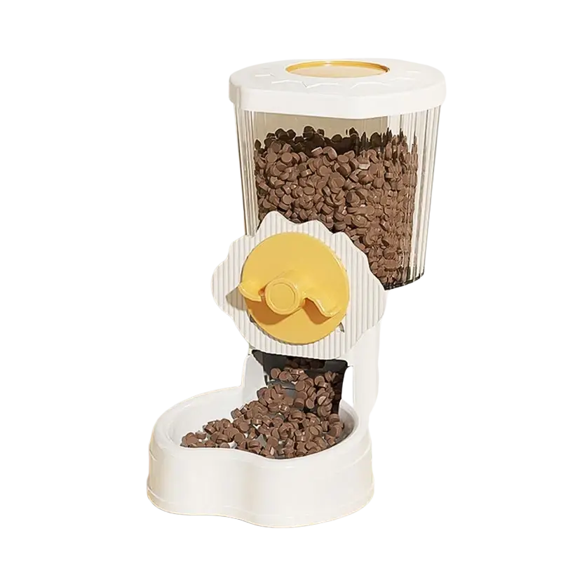 Hoopet wall mounted automatic white and yellow pet feeder with transparent container and duck shaped chocolate chip treat dispenser
