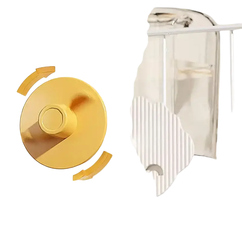 Yellow circular suction cup with central knob and rotation arrows on white ridged surface for Hoopet wall mounted pet feeder