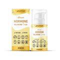 Ximonth hormone balancing cream in a clear pump bottle with gold white labeling and matching box with honey and mint
