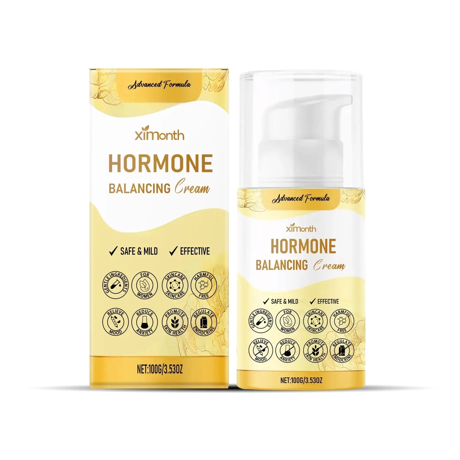 Ximonth hormone balancing cream in a clear pump bottle with gold white labeling and matching box with honey and mint
