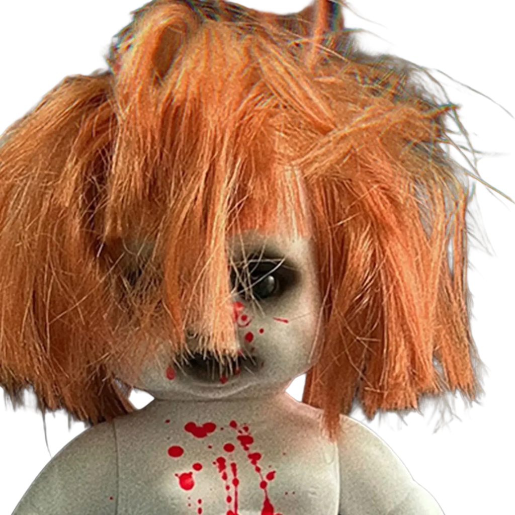 A gothic horror doll with orange hair pale face and red blood-like splatters designed as a gothic horror hanging prop