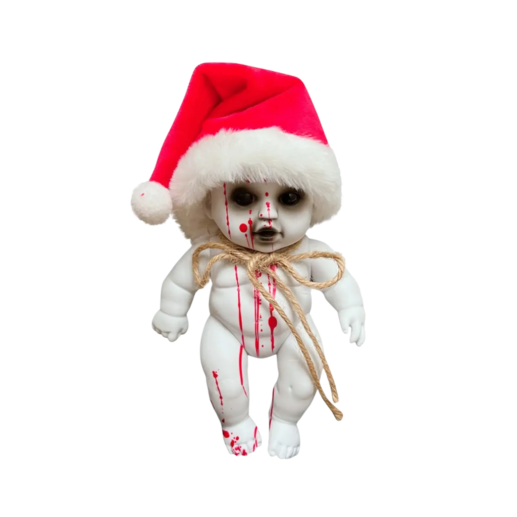 A white blood-splattered gothic horror doll wearing a red santa hat tied with twine for halloween hanging prop