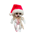 A white blood-splattered gothic horror doll wearing a red santa hat tied with twine for halloween hanging prop