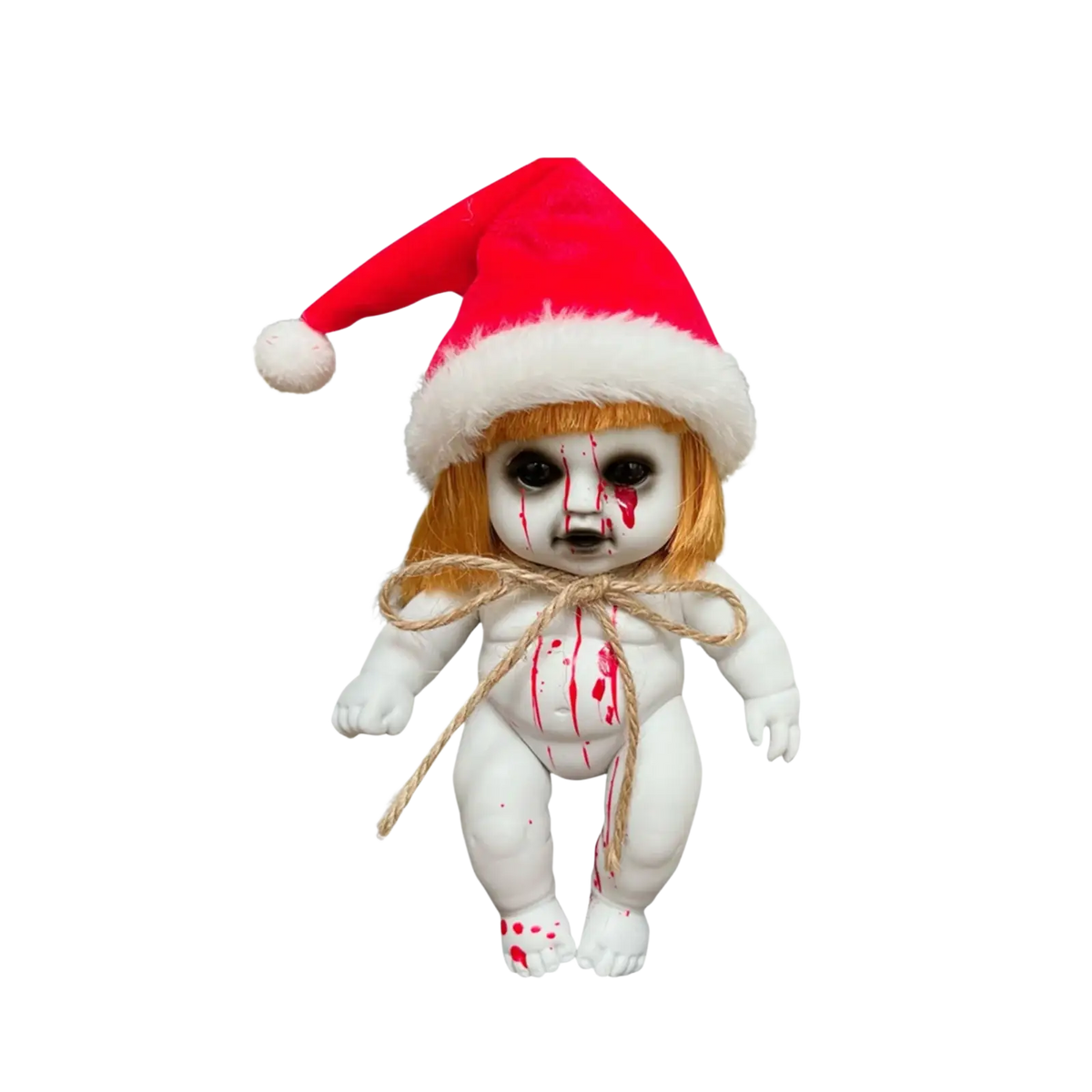 A white blood-splattered gothic horror doll wearing a red santa hat and twine bow for halloween hanging prop
