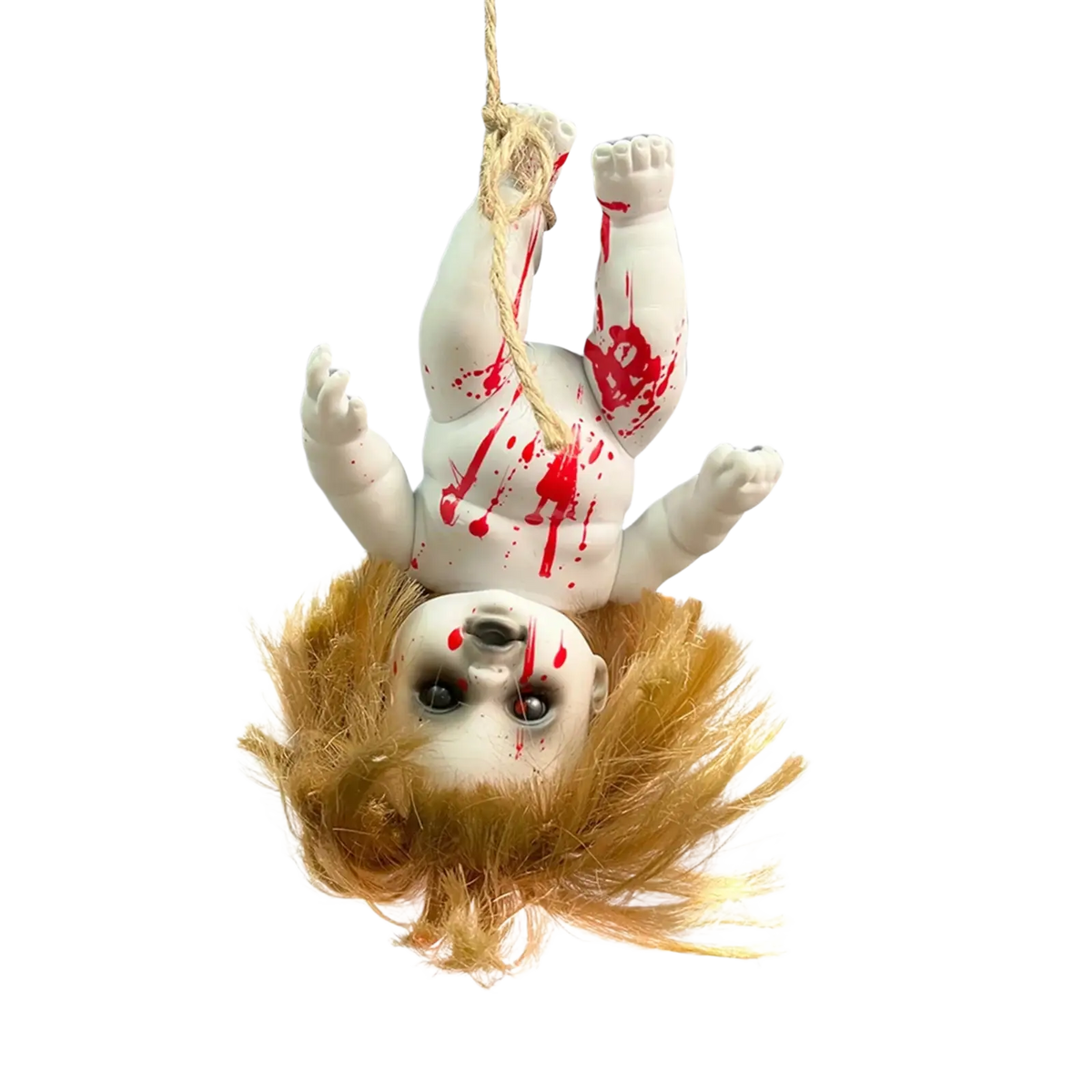 A white plastic gothic horror doll with blonde hair and red paint splatters hanging by a rope for halloween decor