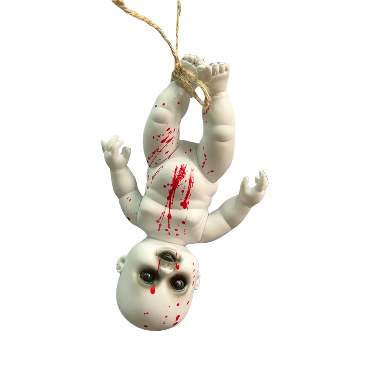 White plastic gothic horror doll hanging baby doll decoration with red splatter for halloween prop