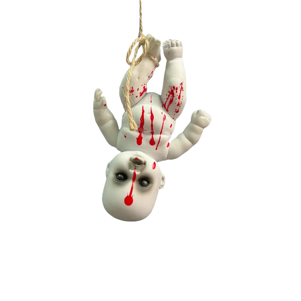 A white plastic gothic horror doll halloween hanging prop with red paint splatters and rope around its neck