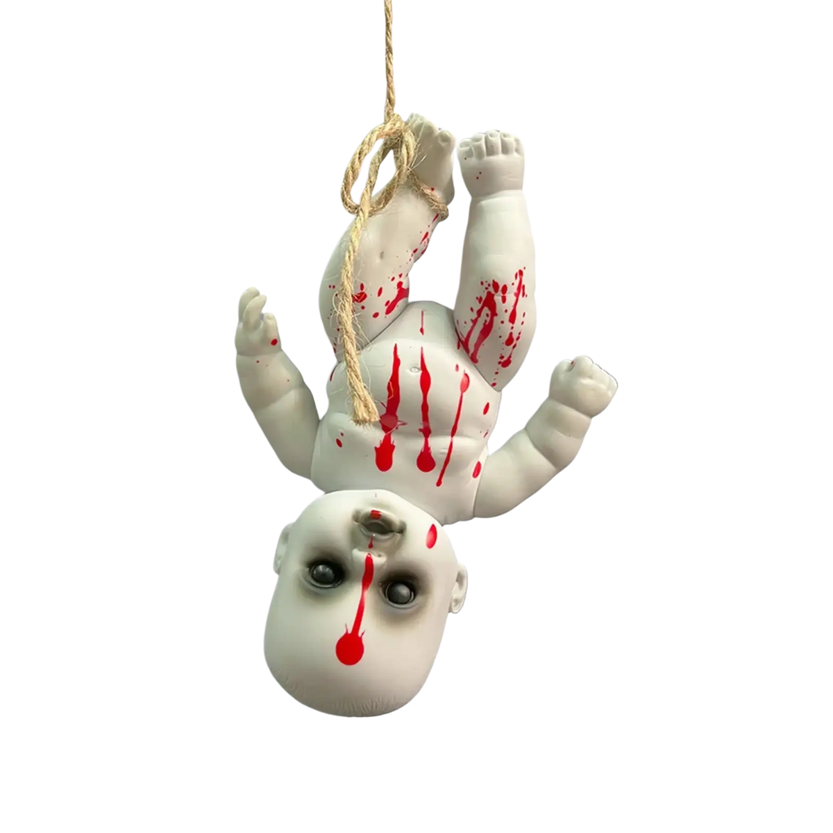 White plastic gothic horror doll with red paint splatters hanging by rope for gothic horror halloween decor