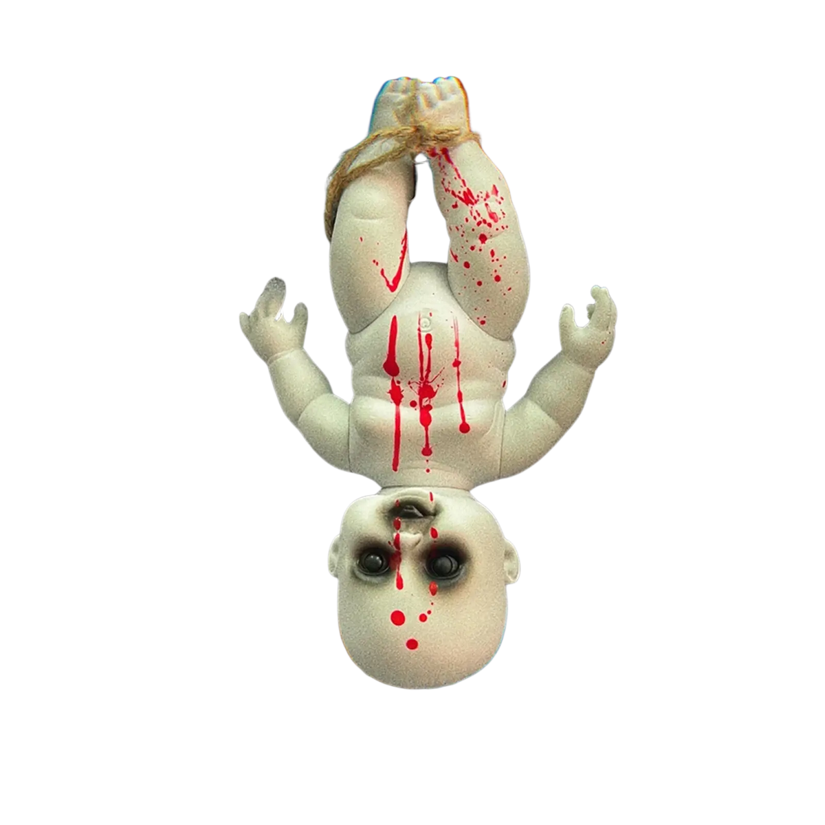 A white plastic gothic horror doll with red paint splatters hanging upside down as a halloween hanging prop