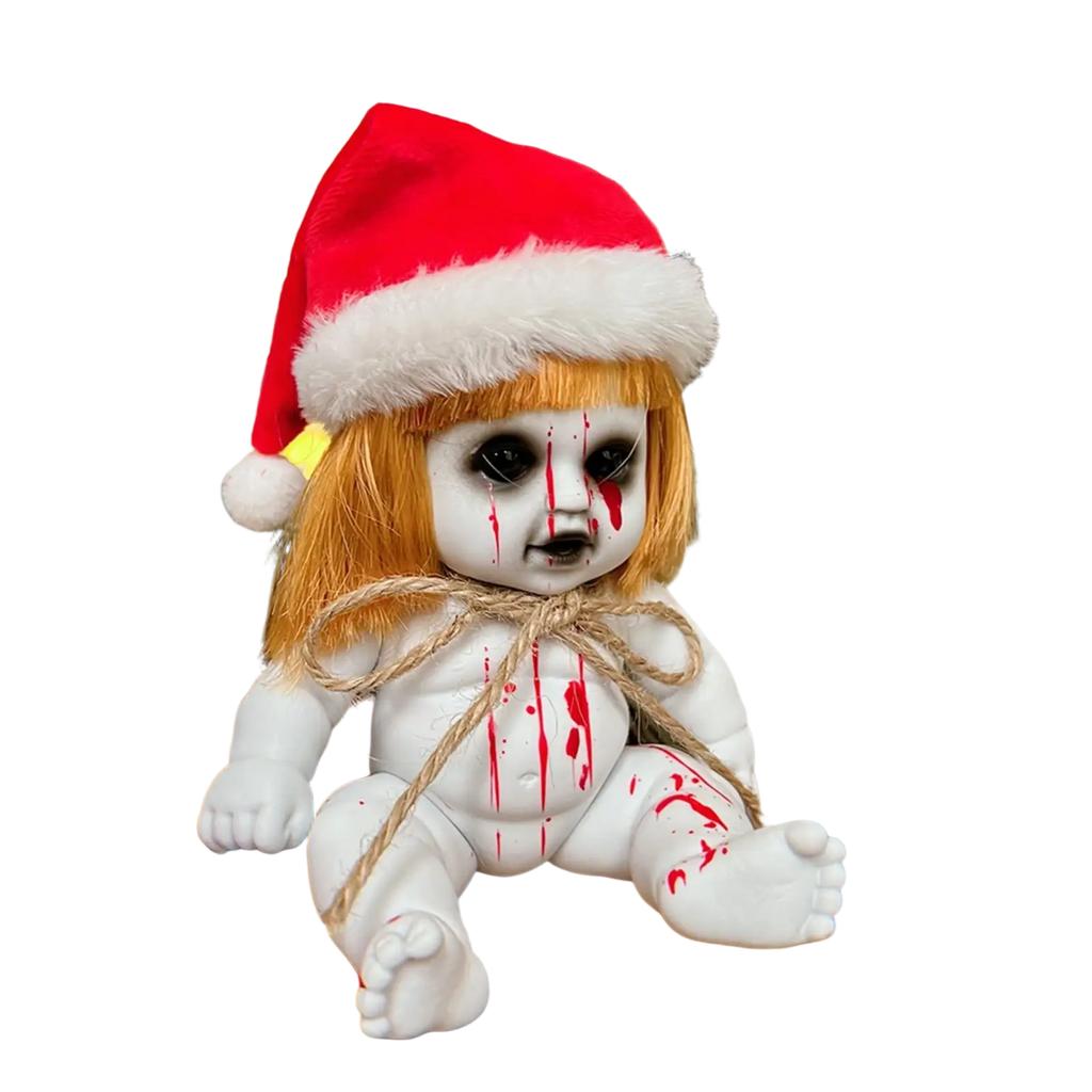 White porcelain gothic horror doll with orange hair red santa hat fake blood stains and twine for halloween hanging prop
