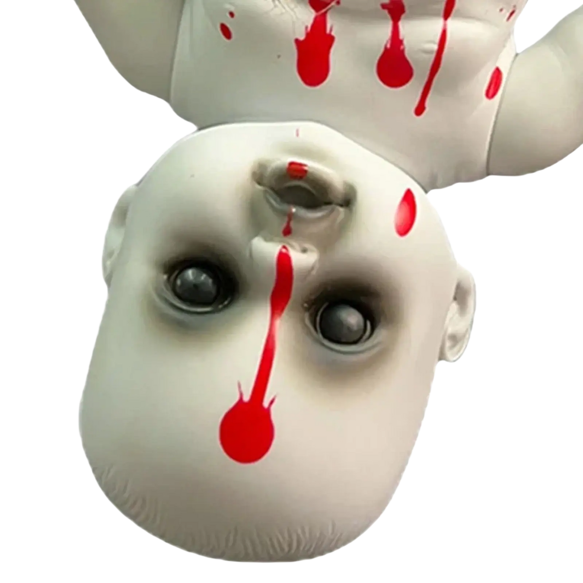 White porcelain gothic horror doll head with glossy black eyes and red paint splatters for halloween hanging prop