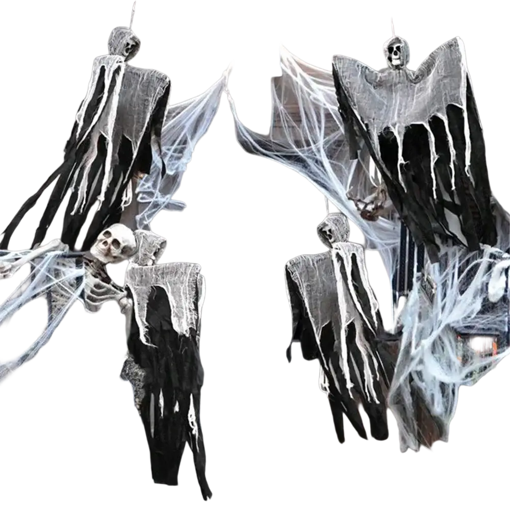 Black and white ghostly horror props halloween hanging skull ghost decoration with tattered fabric robes for party use