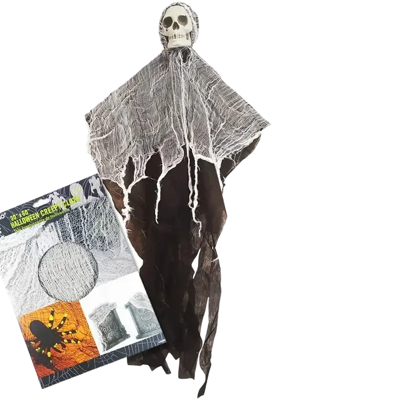 A spooky horror props halloween hanging skull ghost decoration with white skull head and tattered black gray mesh fabric