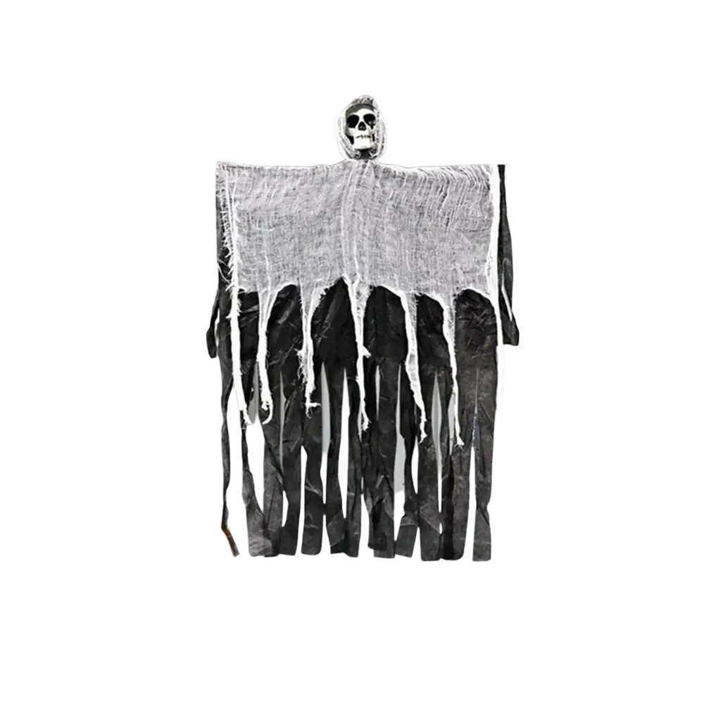 A horror props halloween door curtain with white tattered fabric, black drips, and a skull headpiece for party use