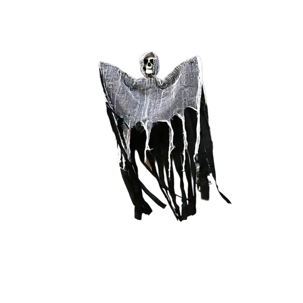 A spooky tattered skull-faced ghost decoration with outstretched arms hangs from black spiderweb garlands for horror props halloween