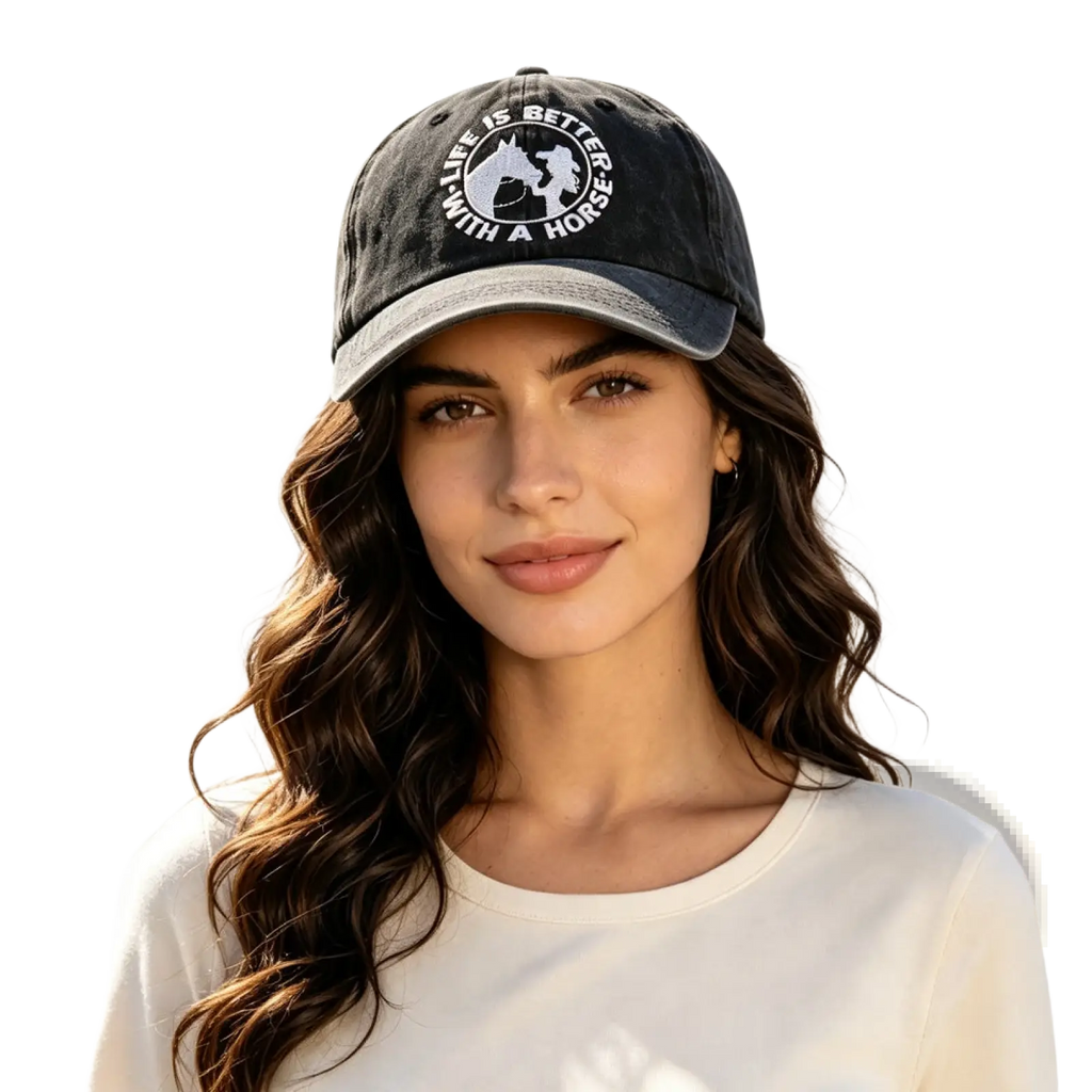 Black distressed vintage washed baseball cap with white embroidered horse and life is better with a horse text