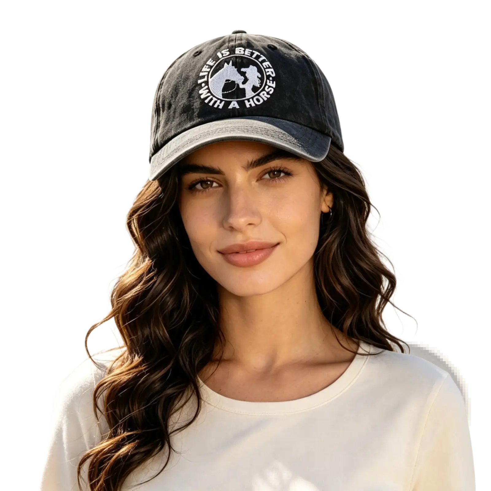Black distressed vintage washed baseball cap with white embroidered horse and life is better with a horse text