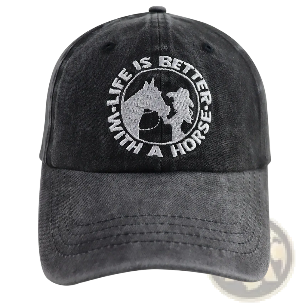 Dark gray distressed cotton baseball cap with white embroidered horse and rider design titled horse embroidered vintage washed baseball cap