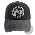 Dark gray distressed cotton baseball cap with white embroidered horse and rider design titled horse embroidered vintage washed baseball cap