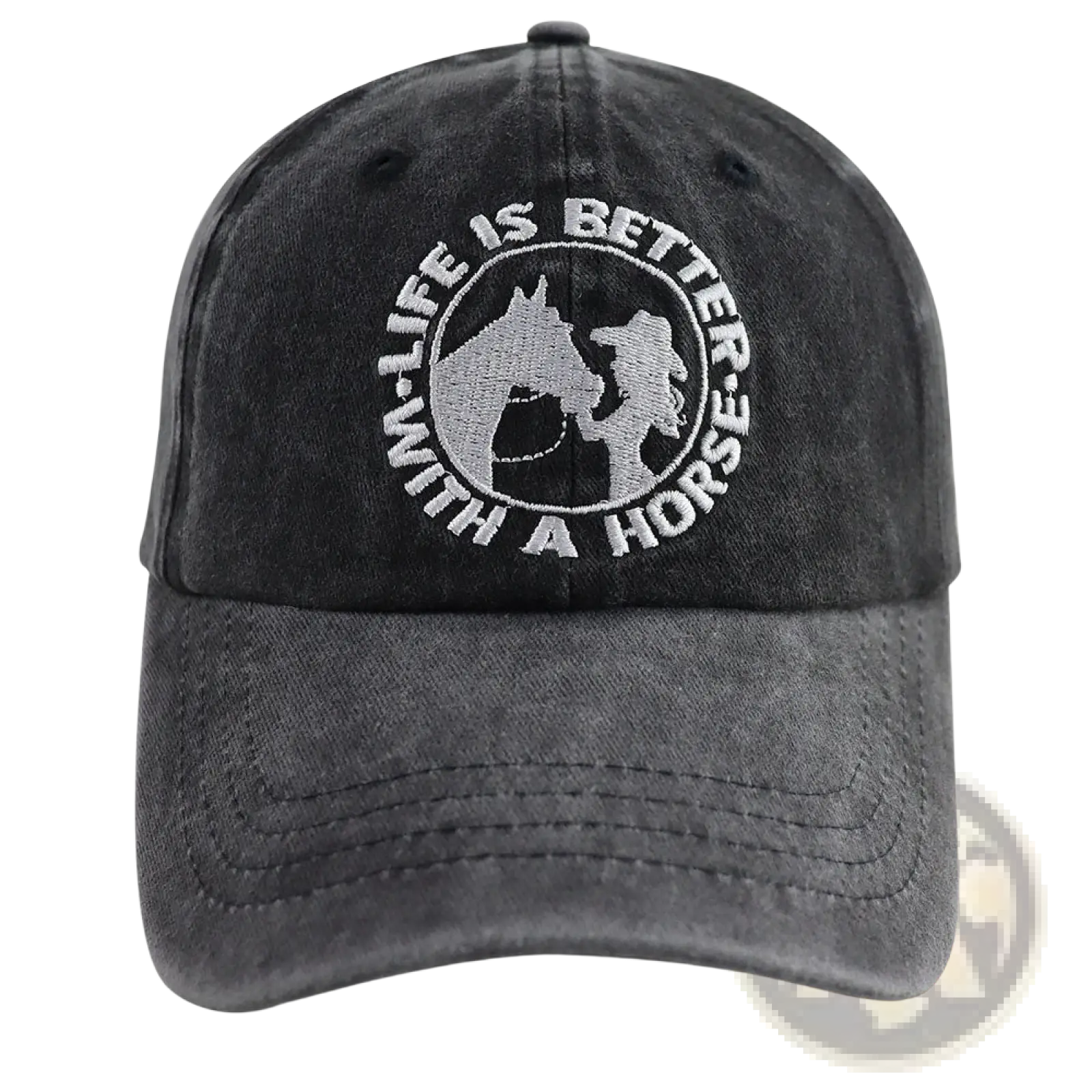 Dark gray distressed cotton baseball cap with white embroidered horse and rider design titled horse embroidered vintage washed baseball cap