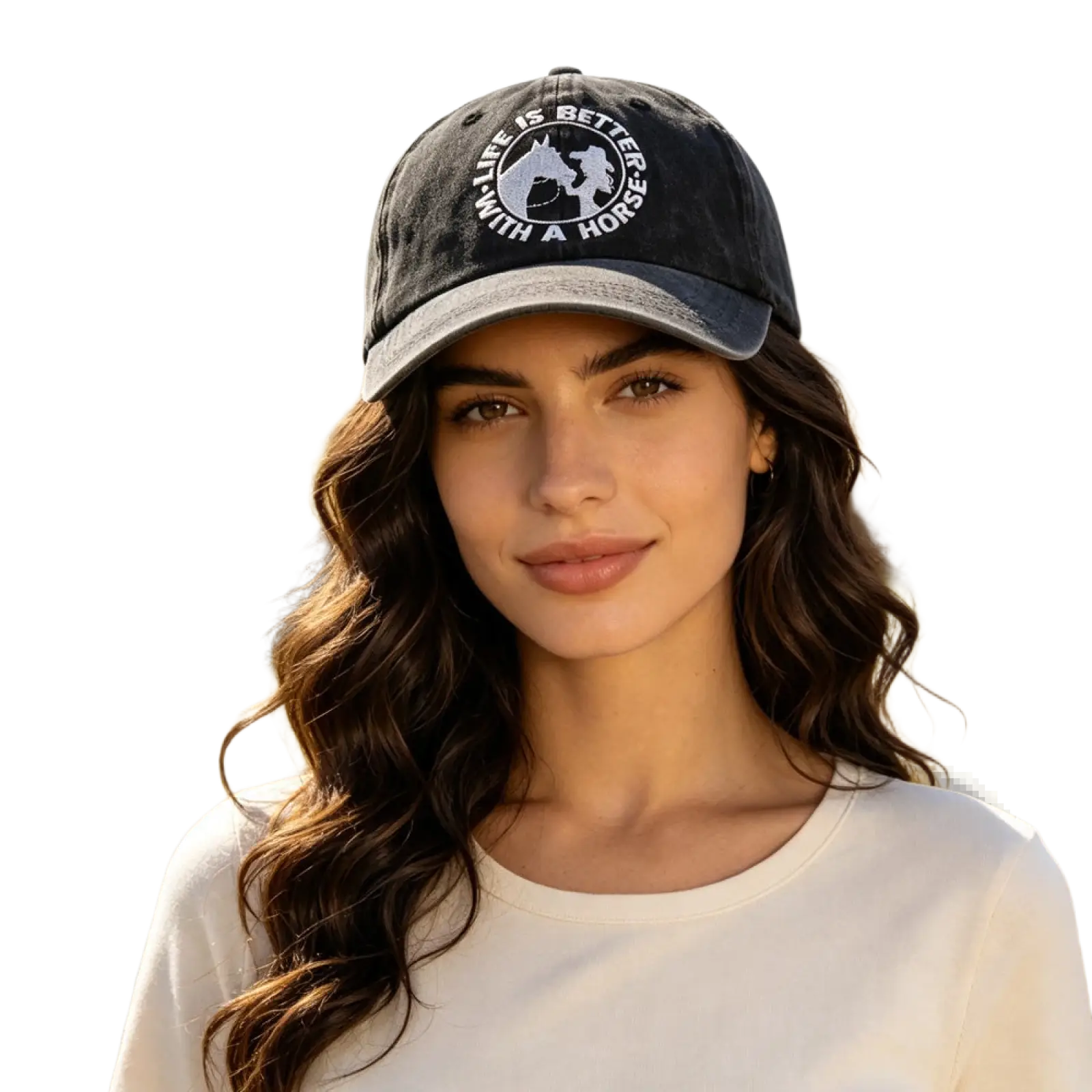 Black distressed vintage washed baseball cap with white horse silhouette logo and life is better with a horse embroidery