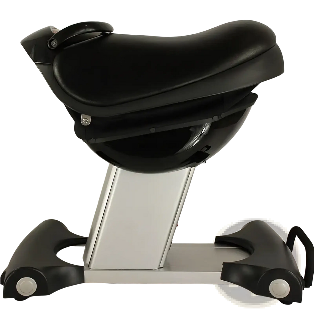 Black leather saddle on a silver metal frame with black plastic base and wheels for horse riding exercise machine fitness equipment