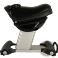 Black leather saddle on a silver metal frame with black plastic base and wheels for horse riding exercise machine fitness equipment