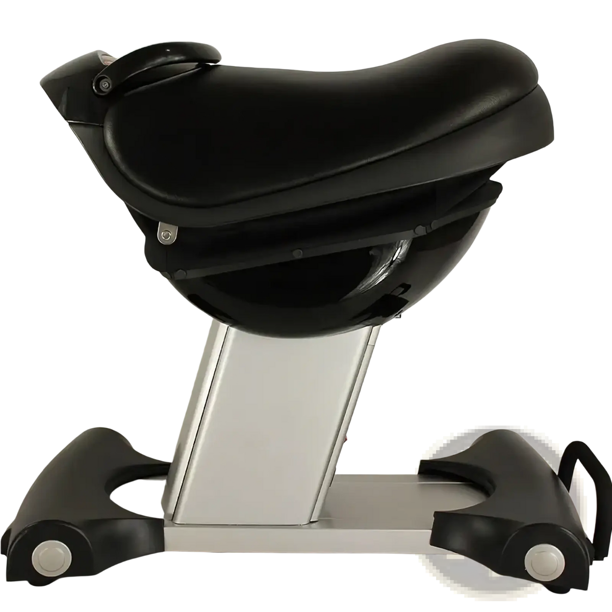 Black leather saddle on a silver metal frame with black plastic base and wheels for horse riding exercise machine fitness equipment
