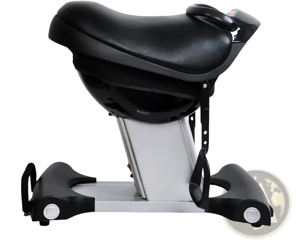 Black leather saddle-style horse riding exercise machine with silver metallic base and footrests for fitness equipment