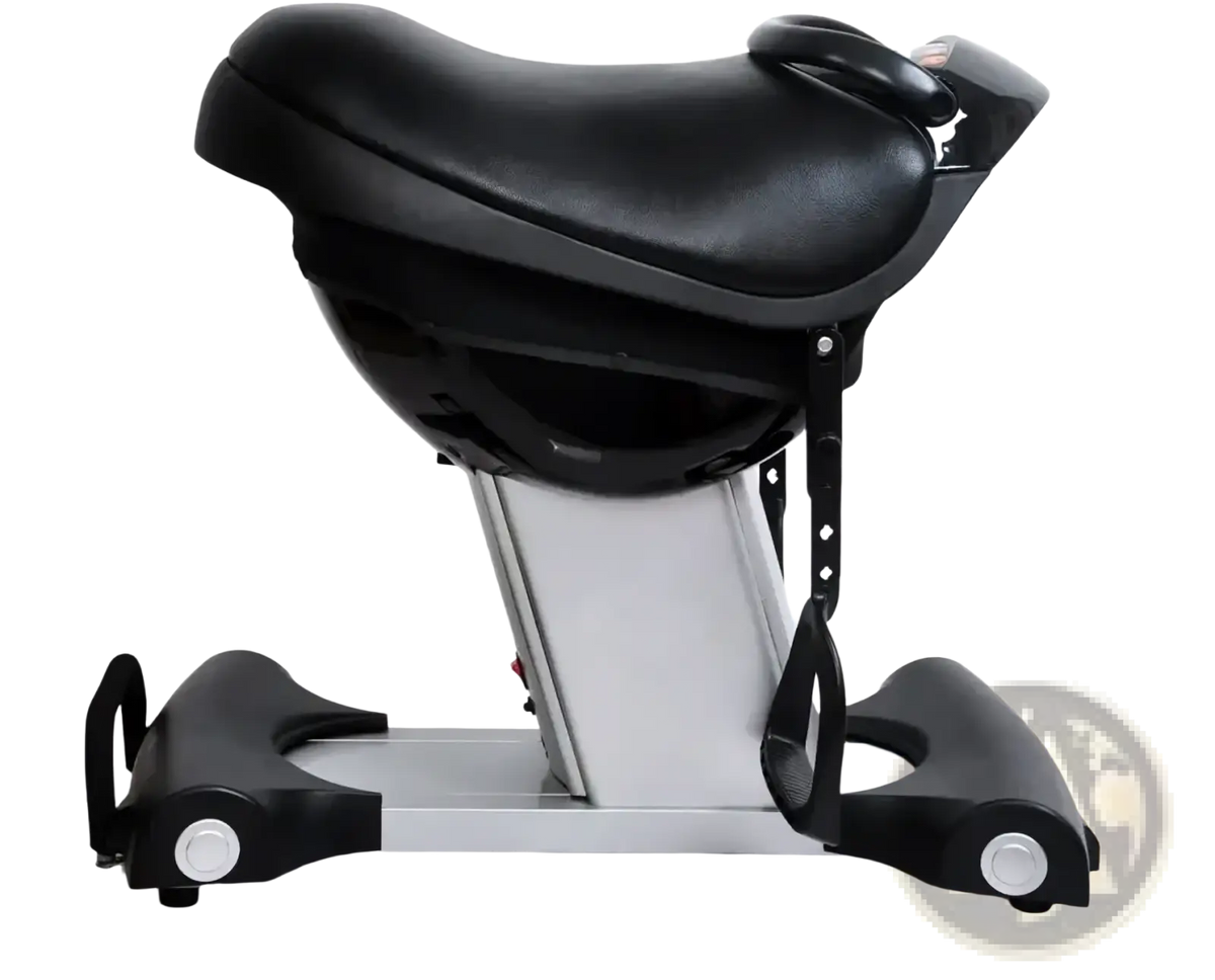 Black leather saddle-style horse riding exercise machine with silver metallic base and footrests for fitness equipment