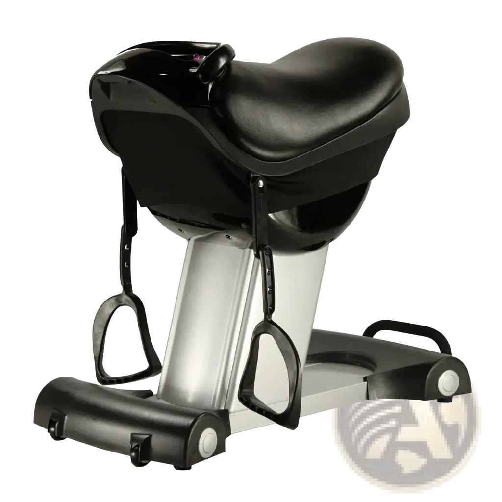 Black leather saddle on silver metal stand with black footrests and stirrups for horse riding exercise machine fitness equipment