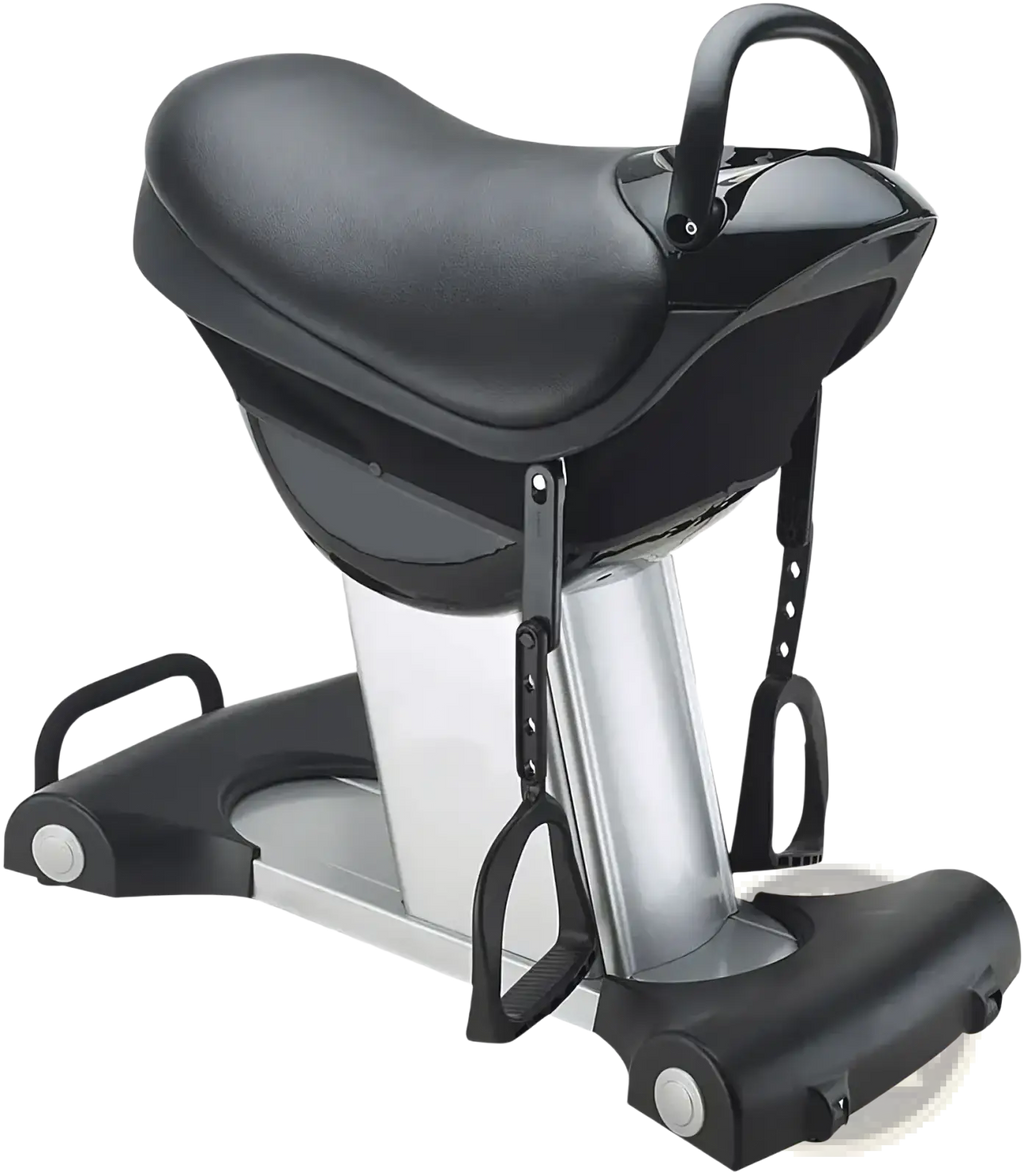 Black padded saddle with silver metallic frame and adjustable footrests on horse riding exercise machine fitness equipment