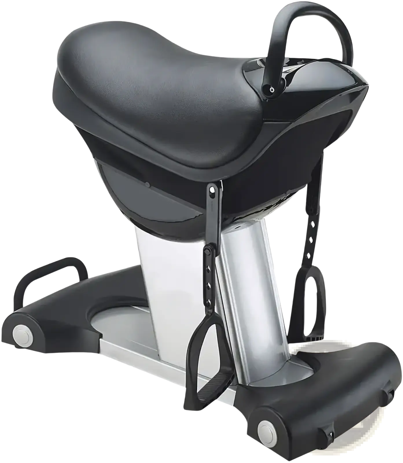 Black padded saddle with silver metallic frame and adjustable footrests on horse riding exercise machine fitness equipment