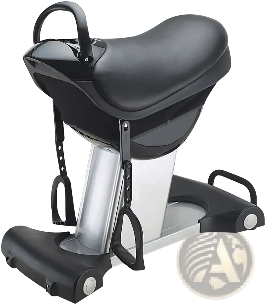 Black saddle with sleek ergonomic design and chrome metal frame for horse riding exercise machine fitness equipment