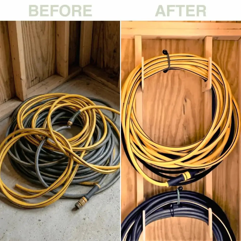 Heavy duty wall mounted hose and extension cord organizer with a yellow and black garden hose neatly coiled on a wooden rack