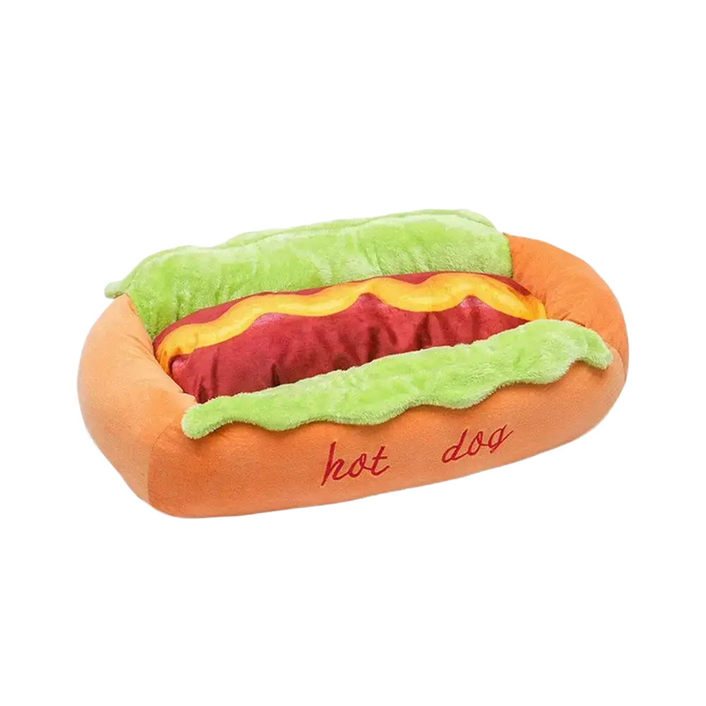 Orange plush hot dog pet bed with green lettuce and yellow mustard details ideal resting place for cats and dogs