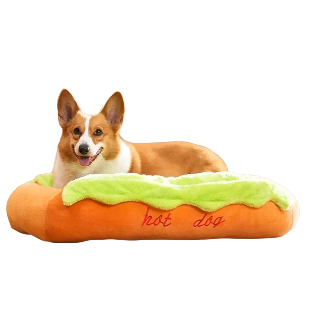Orange and green plush hot dog pet bed with hot dog embroidered in red script provides a cozy resting place