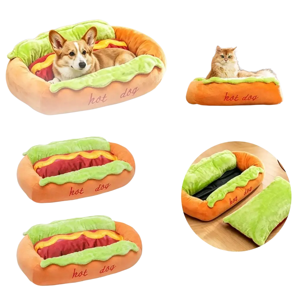 Soft orange plush hot dog pet bed with green lettuce and red sausage details embroidered hot dog text resting place